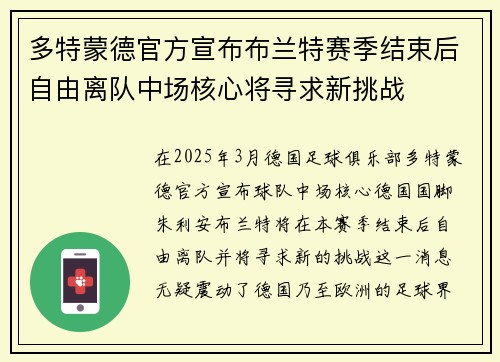 多特蒙德官方宣布布兰特赛季结束后自由离队中场核心将寻求新挑战